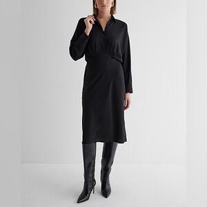 NWOT half button down Express Black Portofino Long Sleeve Dress midi